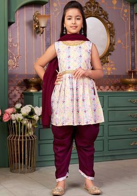 Purple Embroidered Crepe Kurta Set For Girls