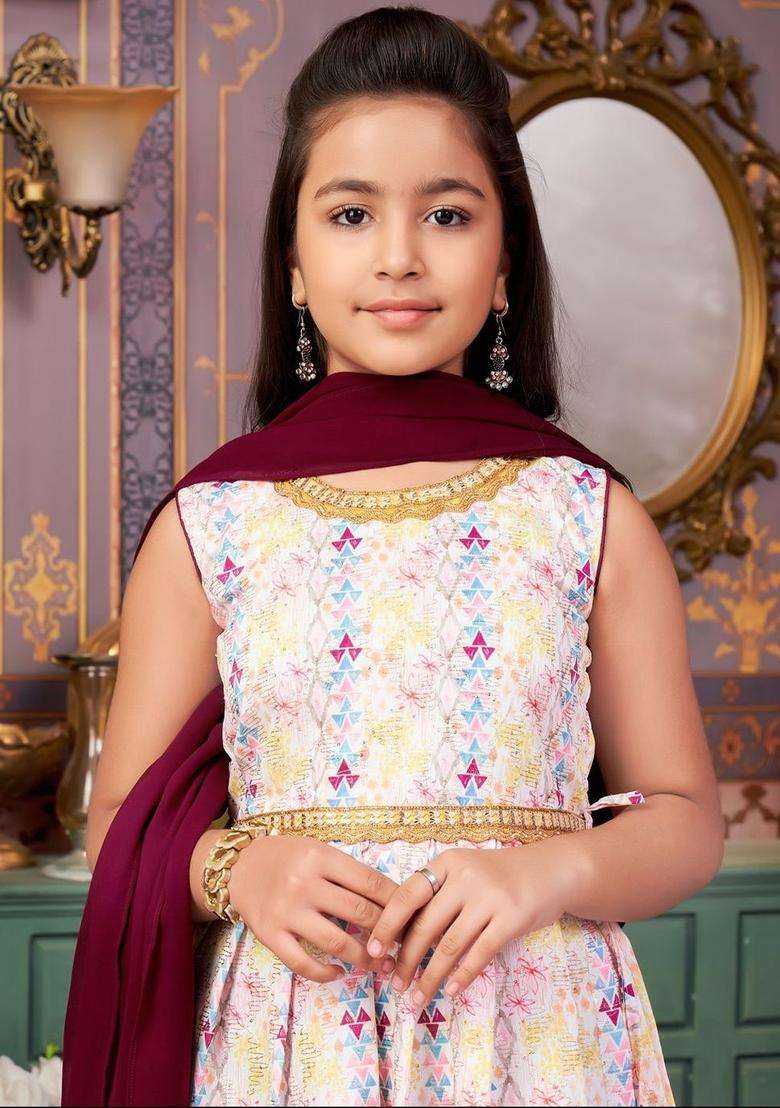 Purple Embroidered Crepe Kurta Set For Girls - Indya