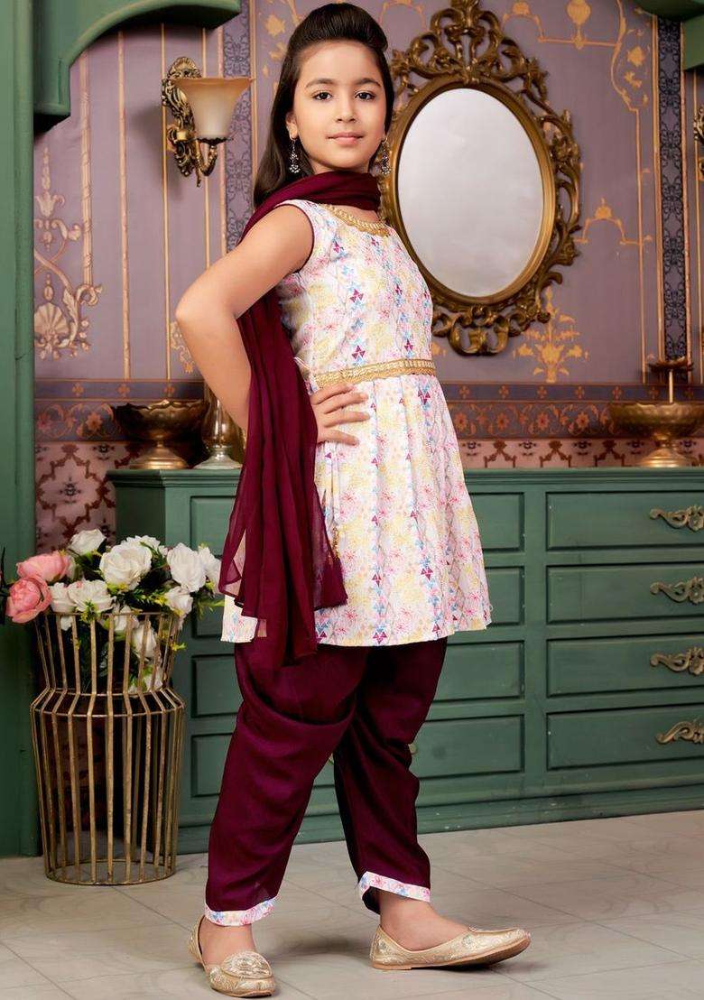Purple Embroidered Crepe Kurta Set For Girls - Indya