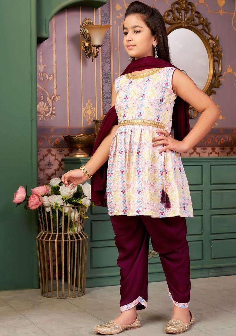 Purple Embroidered Crepe Kurta Set For Girls - Indya