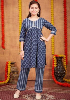 Navy Blue Printed Cotton Kurta Set For Girls