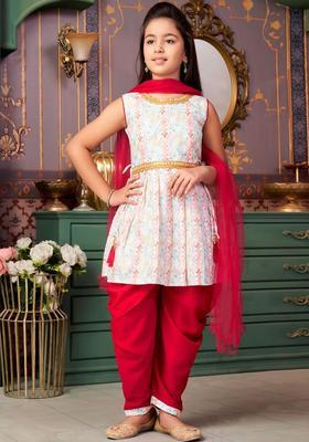 White Embroidered Crepe Kurta Set For Girls