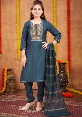 Green Embroidered Silk Kurta Set For Girls