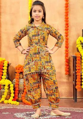 Mustard Printed Cotton Kurta Set For Girls