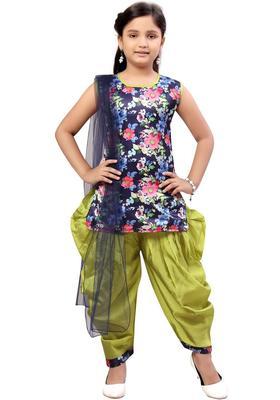 Navy Blue Printed Silk Kurta Set For Girls