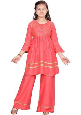 Red Self Design Cotton Kurta Set For Girls