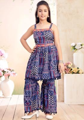 Navy Blue Printed Polyester Kurta Set For Girls