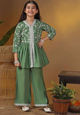 Olive Woven Design Silk Kurta Set For Girls