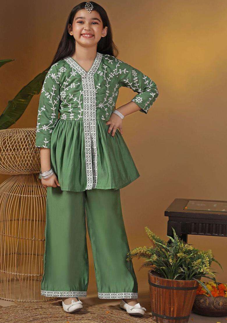 Olive Woven Design Silk Kurta Set For Girls - Indya
