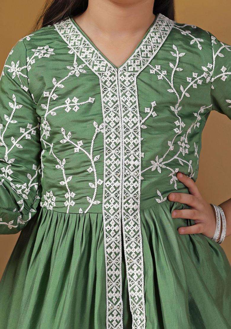 Olive Woven Design Silk Kurta Set For Girls - Indya