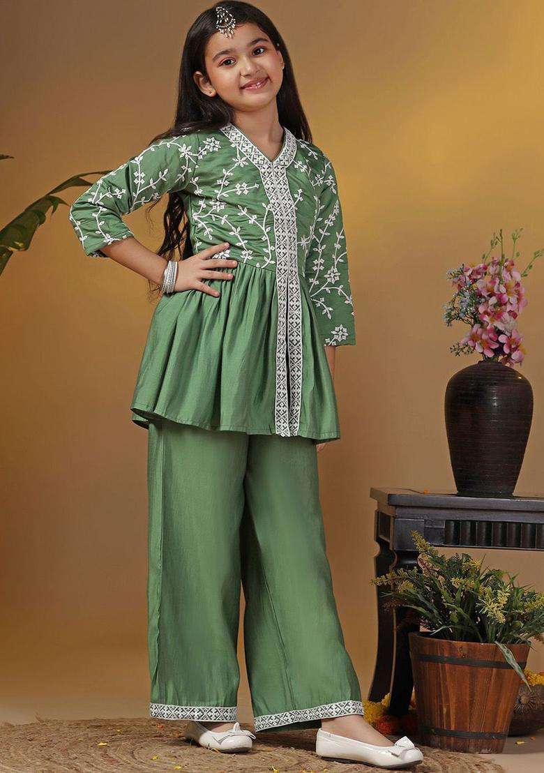 Olive Woven Design Silk Kurta Set For Girls - Indya