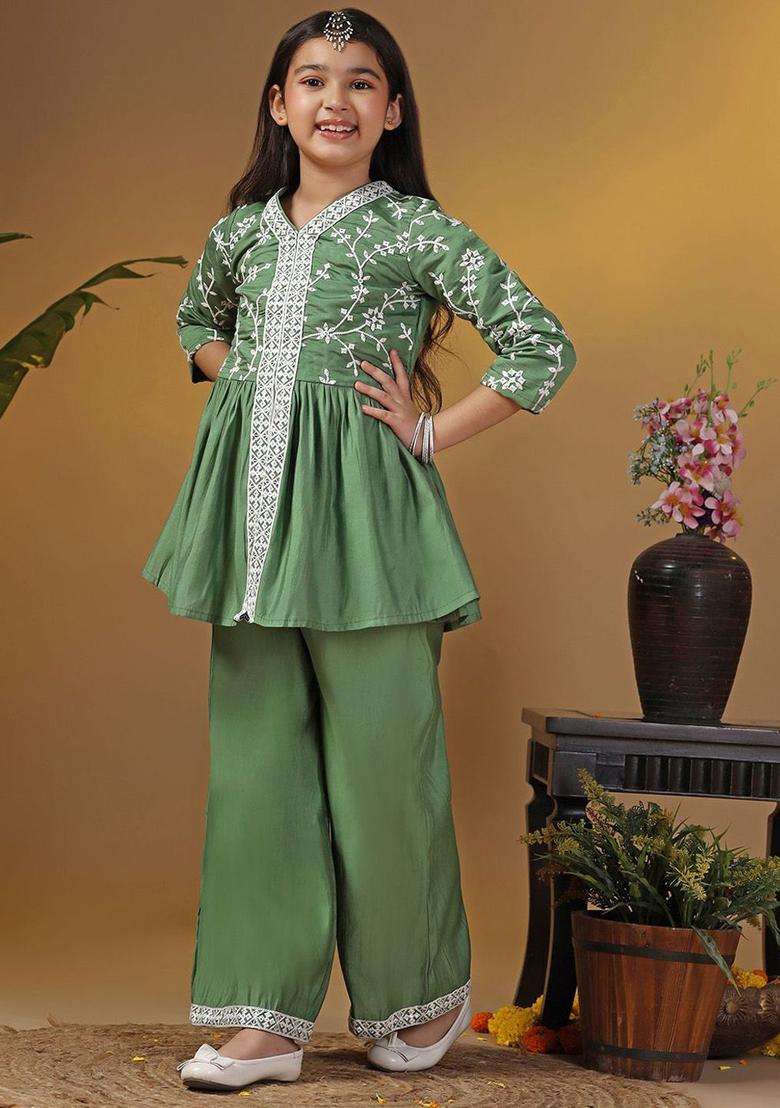 Olive Woven Design Silk Kurta Set For Girls - Indya