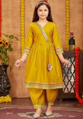 Yellow Solid Silk Kurta Set For Girls