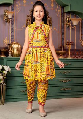 Yellow Printed Crepe Kurta Set For Girls