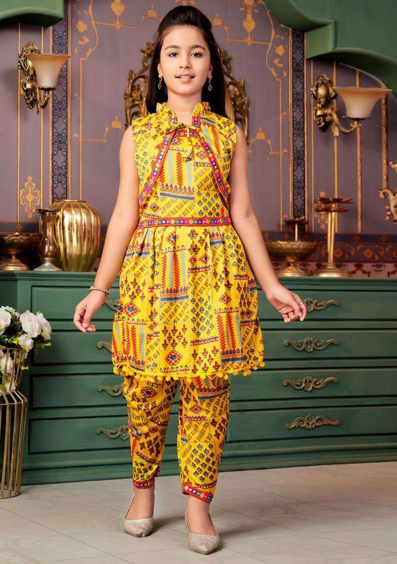 Yellow Printed Crepe Kurta Set For Girls - Indya