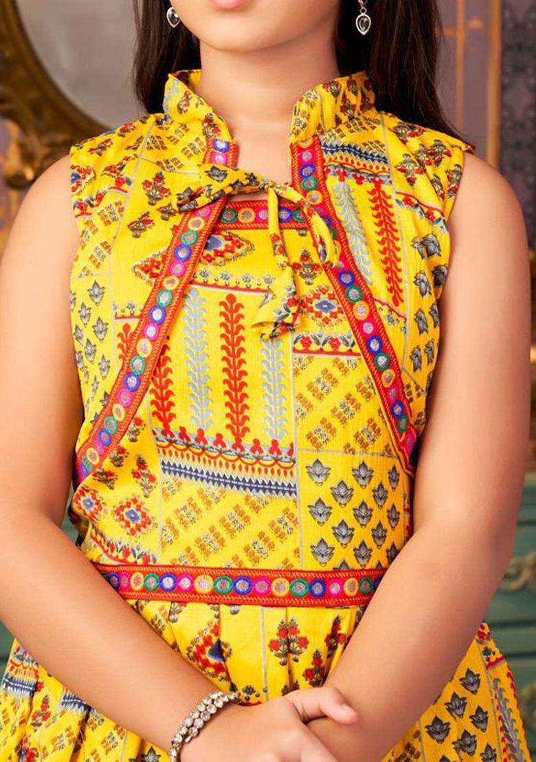 Yellow Printed Crepe Kurta Set For Girls - Indya