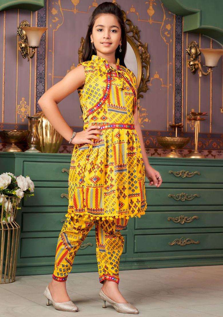Yellow Printed Crepe Kurta Set For Girls - Indya