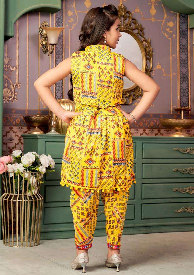 Yellow Printed Crepe Kurta Set For Girls - Indya