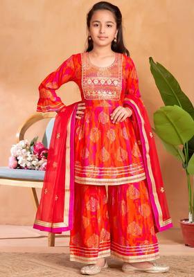 Orange Embroidered Viscose Kurta Set For Girls