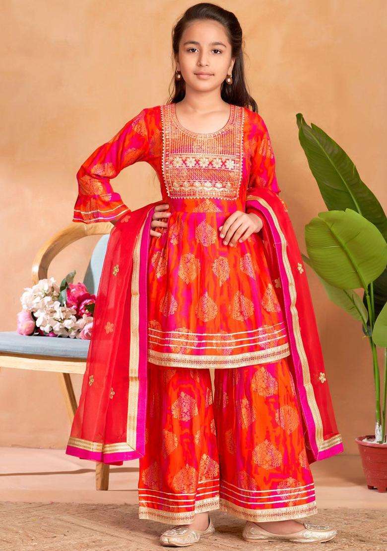Orange Embroidered Viscose Kurta Set For Girls - Indya