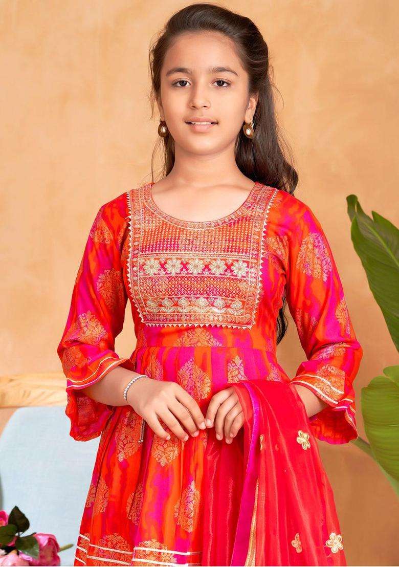 Orange Embroidered Viscose Kurta Set For Girls - Indya