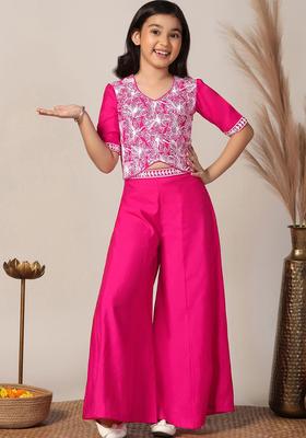Pink Embroidered Silk Kurta Set For Girls