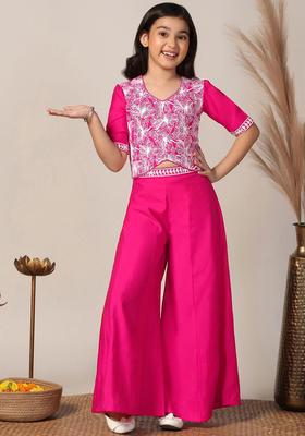 Pink Embroidered Silk Kurta Set For Girls