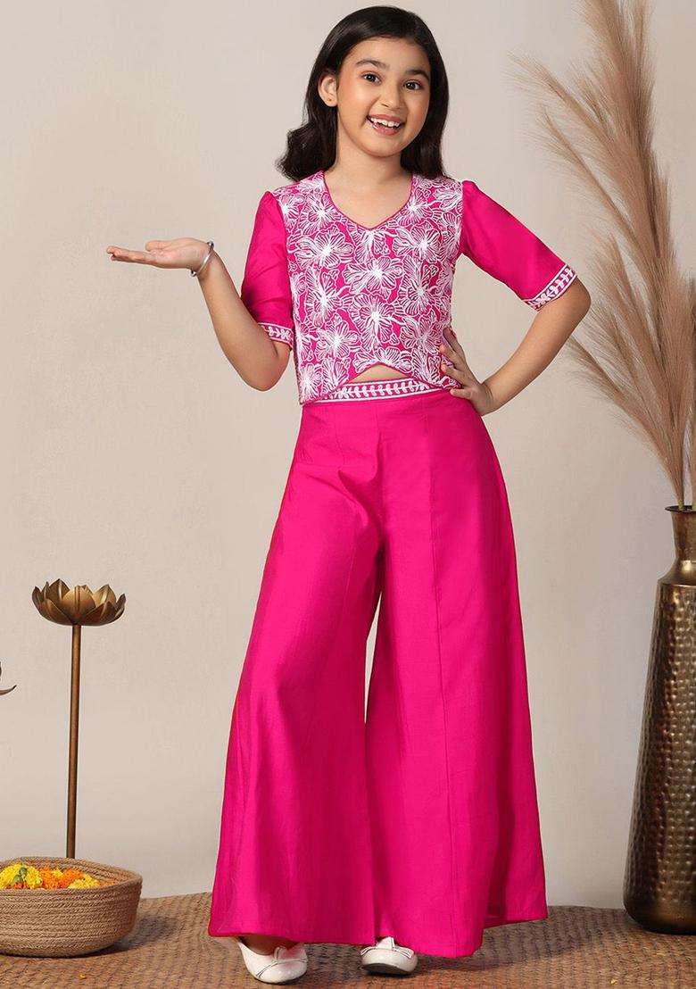 Pink Embroidered Silk Kurta Set For Girls - Indya