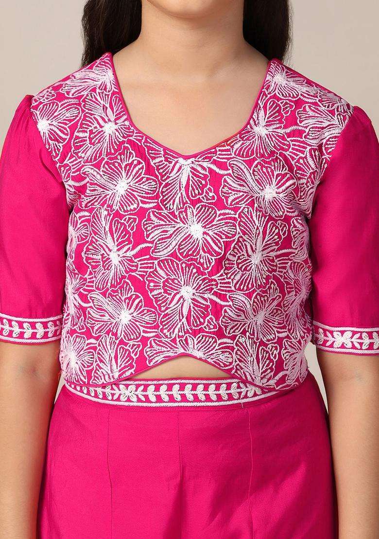 Pink Embroidered Silk Kurta Set For Girls - Indya