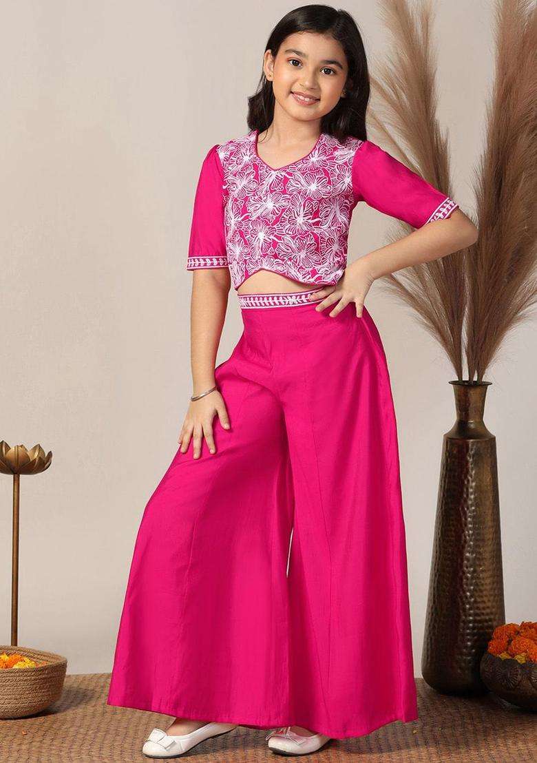 Pink Embroidered Silk Kurta Set For Girls - Indya