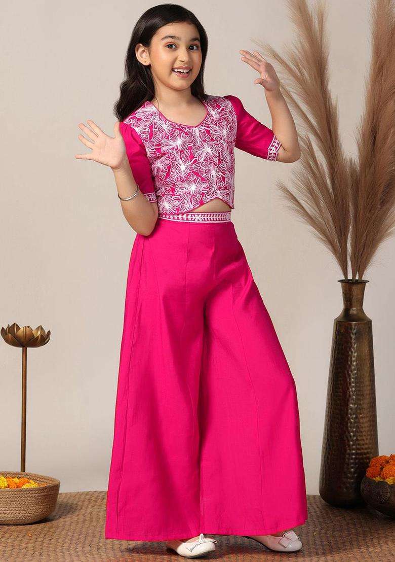 Pink Embroidered Silk Kurta Set For Girls - Indya
