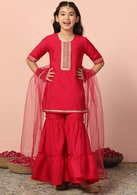 Pink Embroidered Silk Kurta Set For Girls