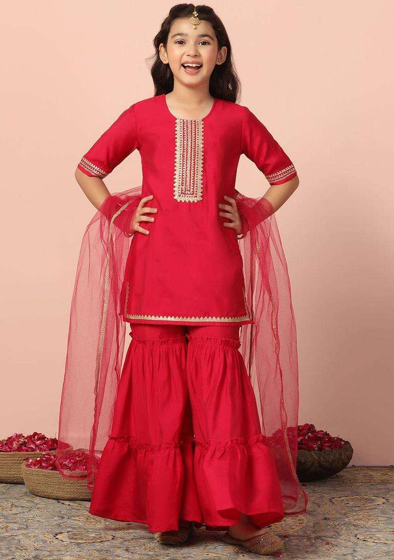 Pink Embroidered Silk Kurta Set For Girls - Indya