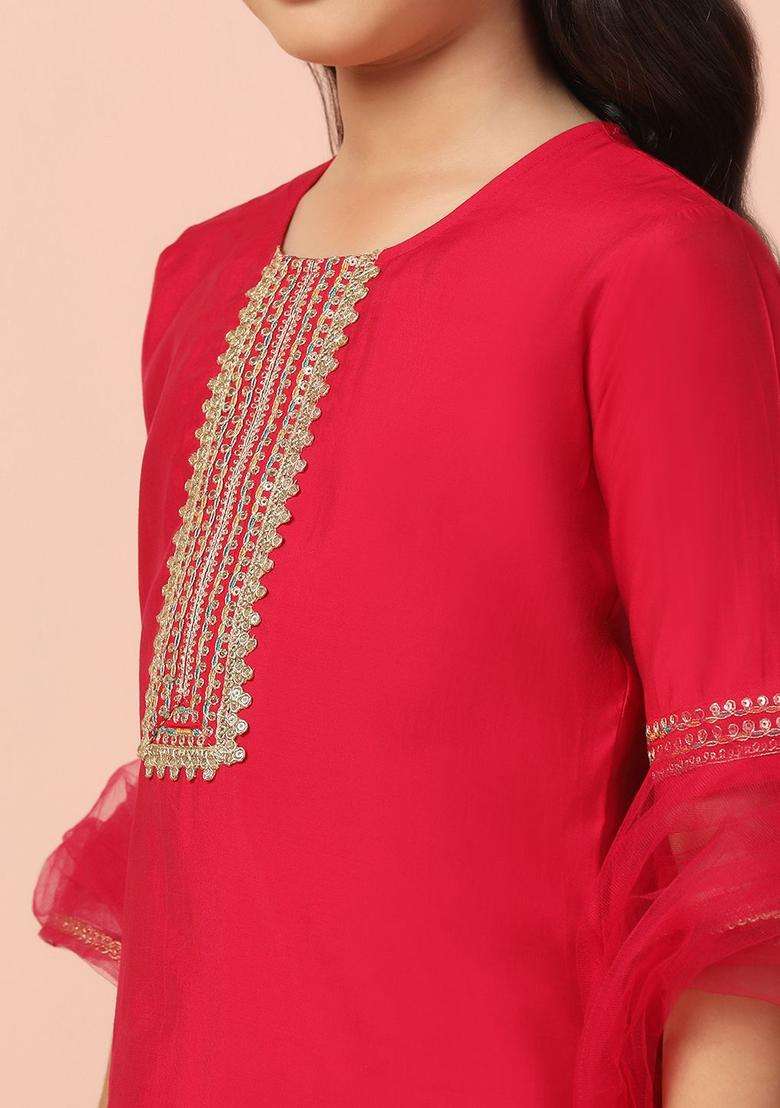 Pink Embroidered Silk Kurta Set For Girls - Indya