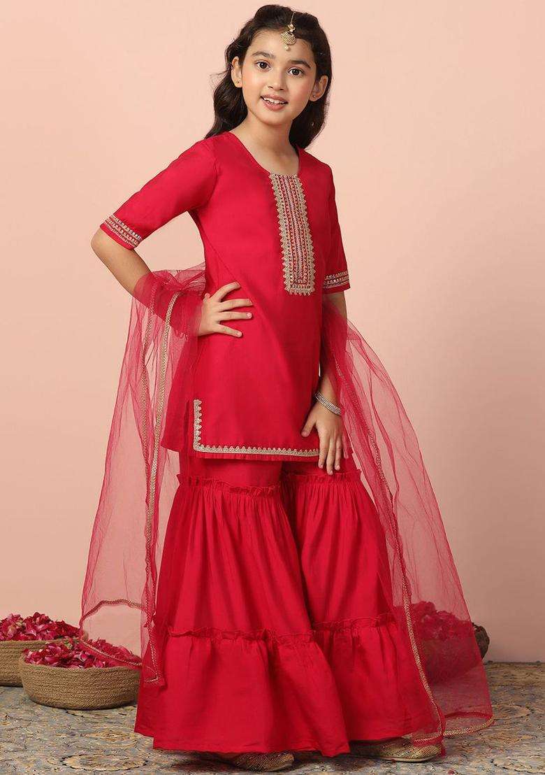Pink Embroidered Silk Kurta Set For Girls - Indya