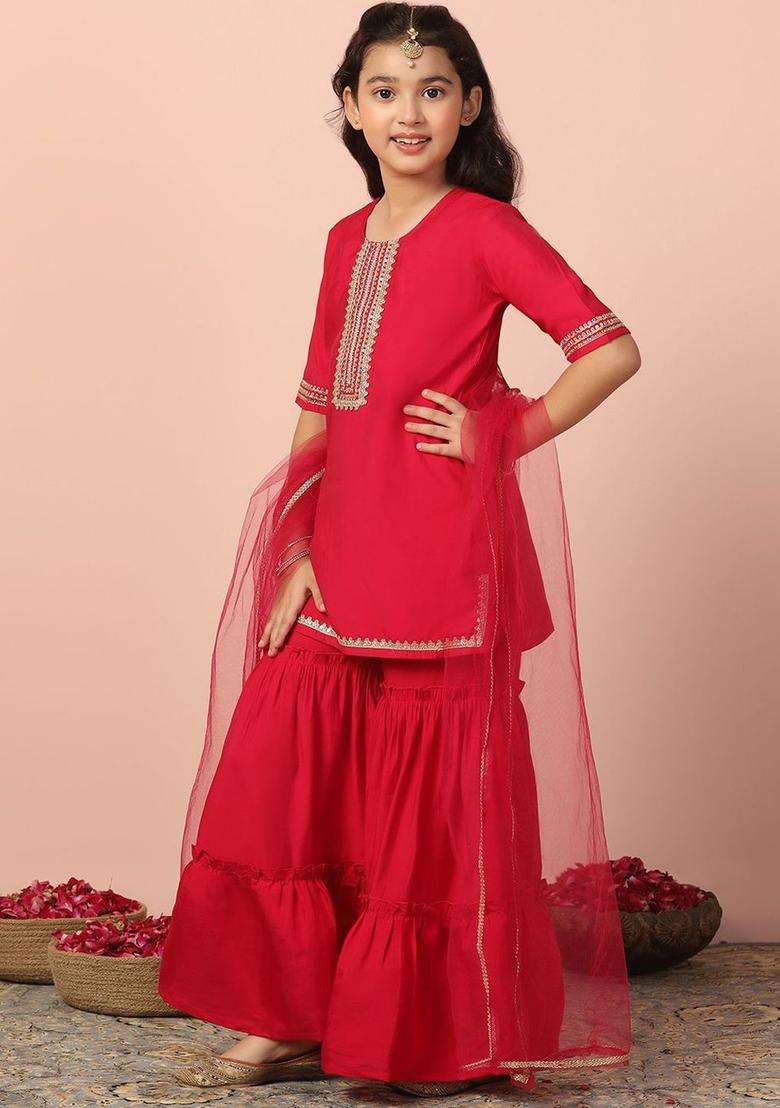 Pink Embroidered Silk Kurta Set For Girls - Indya