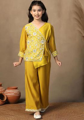 Yellow Embroidered Silk Kurta Set For Girls