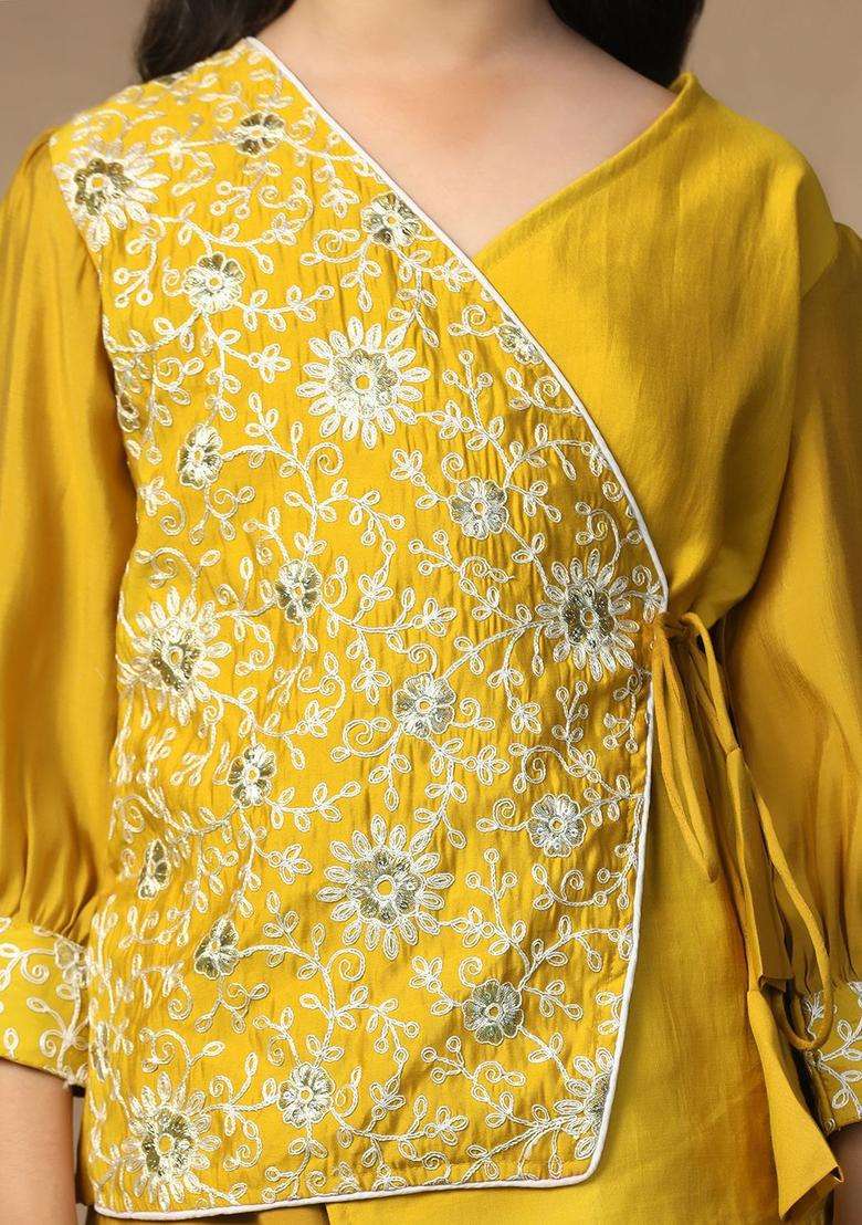 Yellow Embroidered Silk Kurta Set For Girls - Indya
