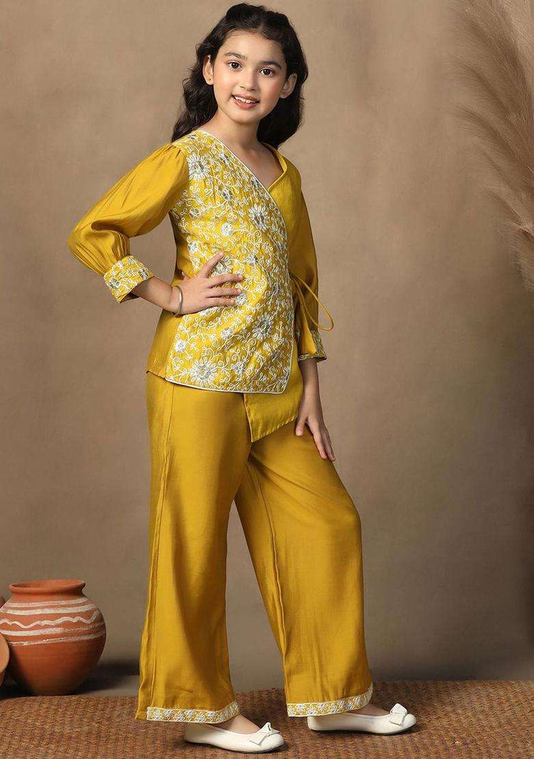 Yellow Embroidered Silk Kurta Set For Girls - Indya