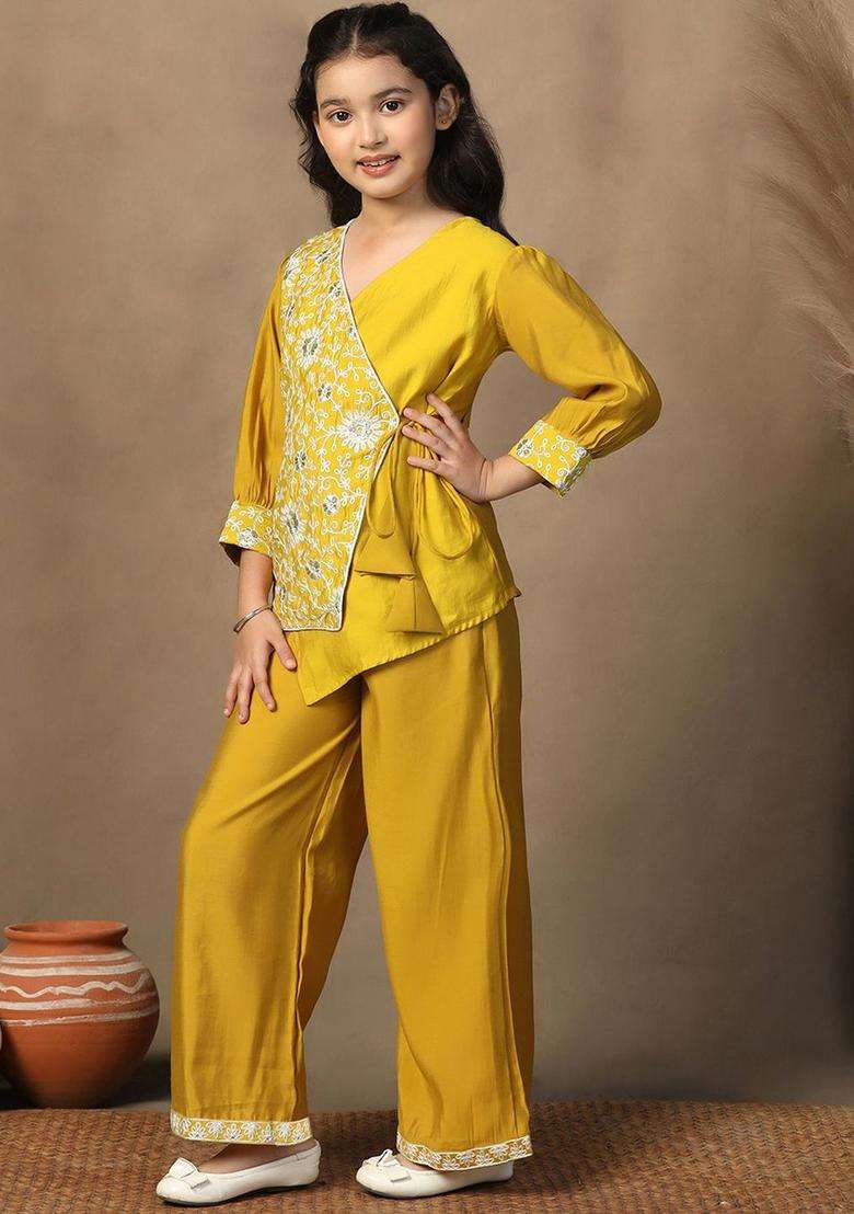 Yellow Embroidered Silk Kurta Set For Girls - Indya