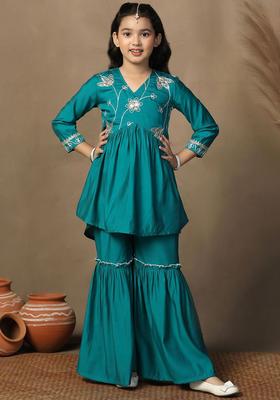 Turquoise Blue Embroidered Silk Kurta Set For Girls