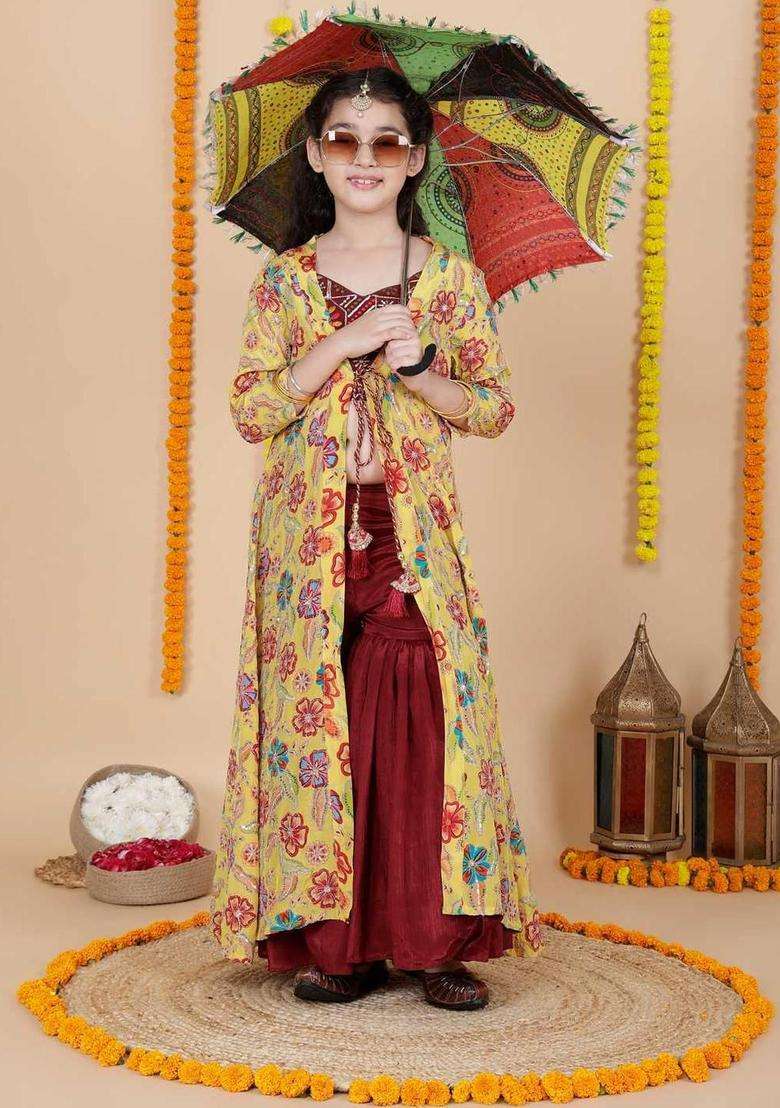 Multi Embroidered Chinon Kurta Set For Girls - Indya