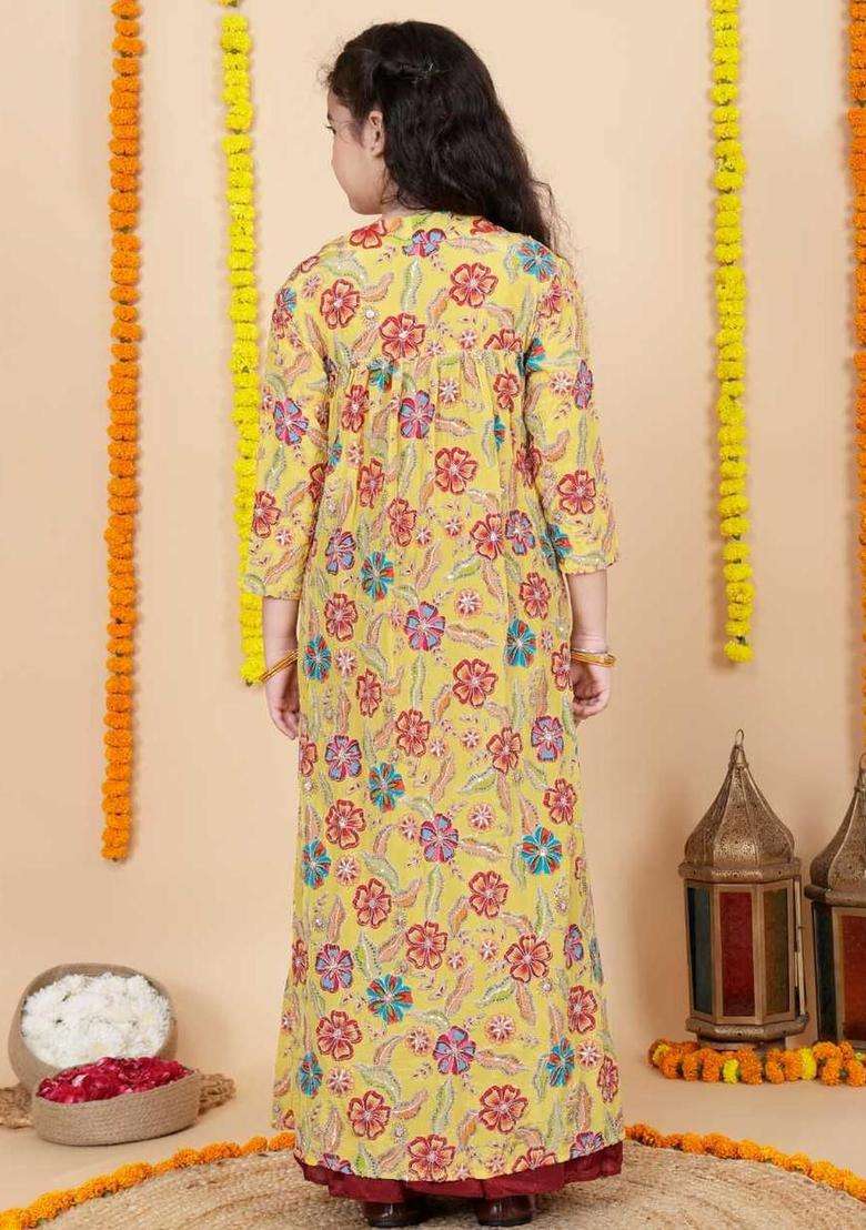 Multi Embroidered Chinon Kurta Set For Girls - Indya