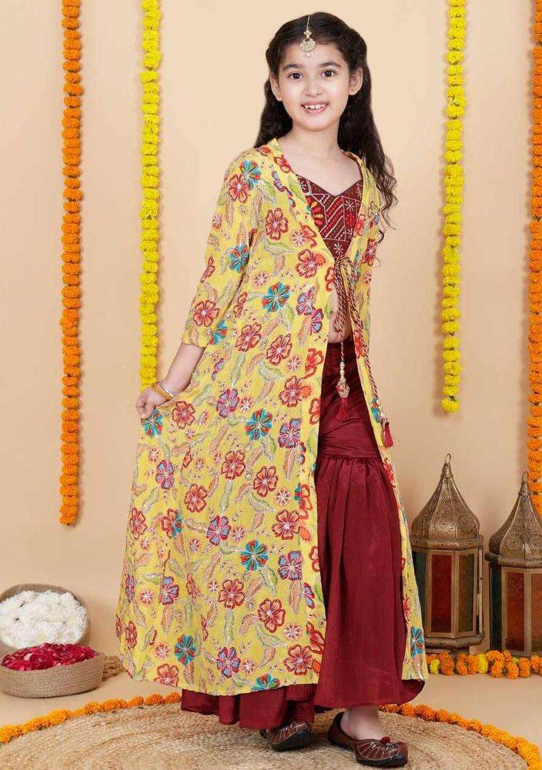 Multi Embroidered Chinon Kurta Set For Girls - Indya