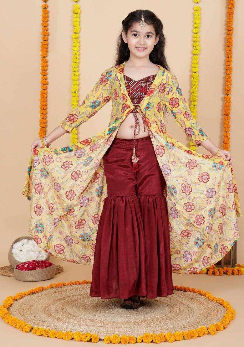 Multi Embroidered Chinon Kurta Set For Girls - Indya
