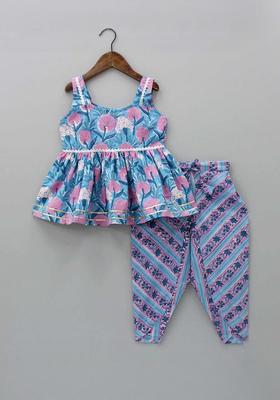 Blue Printed Polyester Kurta Set For Girls