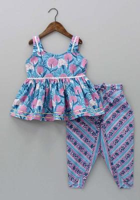 Blue Printed Polyester Kurta Set For Girls