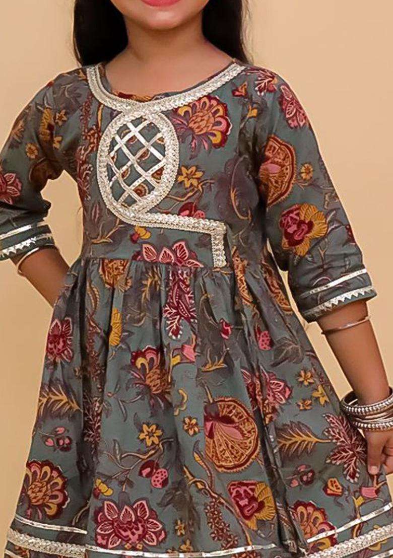 Grey Printed Cotton Kurta Set For Girls - Indya