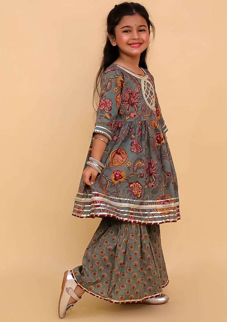 Grey Printed Cotton Kurta Set For Girls - Indya
