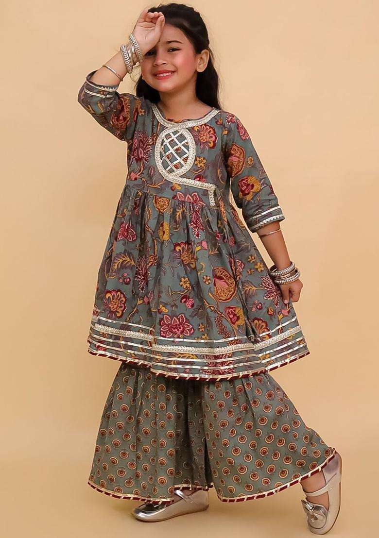 Grey Printed Cotton Kurta Set For Girls - Indya